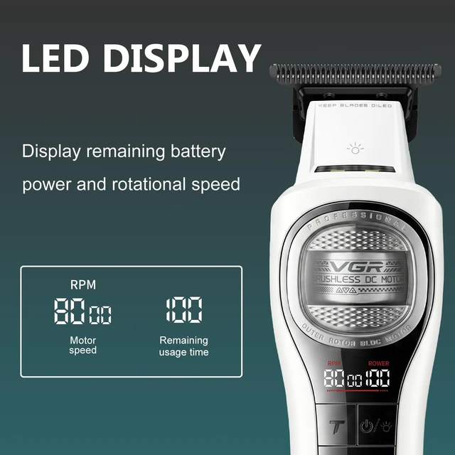 Alt view image 5 of 7 - VGR 888T Hair Trimmer for Men, T-Blade, 8000RPM, DLC-Coated Blade, White | Cordless detail trimming; LED display; built-in light; 2000mAh battery; USB charging base; 1/2/3mm combs