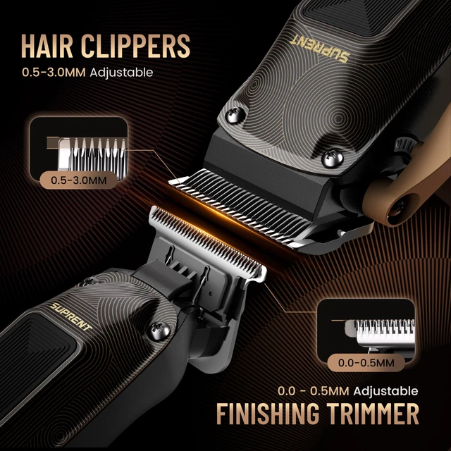 Alt view image 3 of 7 - SUPRENT Ripple Professional Hair Clippers for Men | 6500RPM High-Speed Motor, Adjustable Zero-Gapped Blades, 10 Guard Combs & Storage Bag, Heavy-Duty Black Gold Design