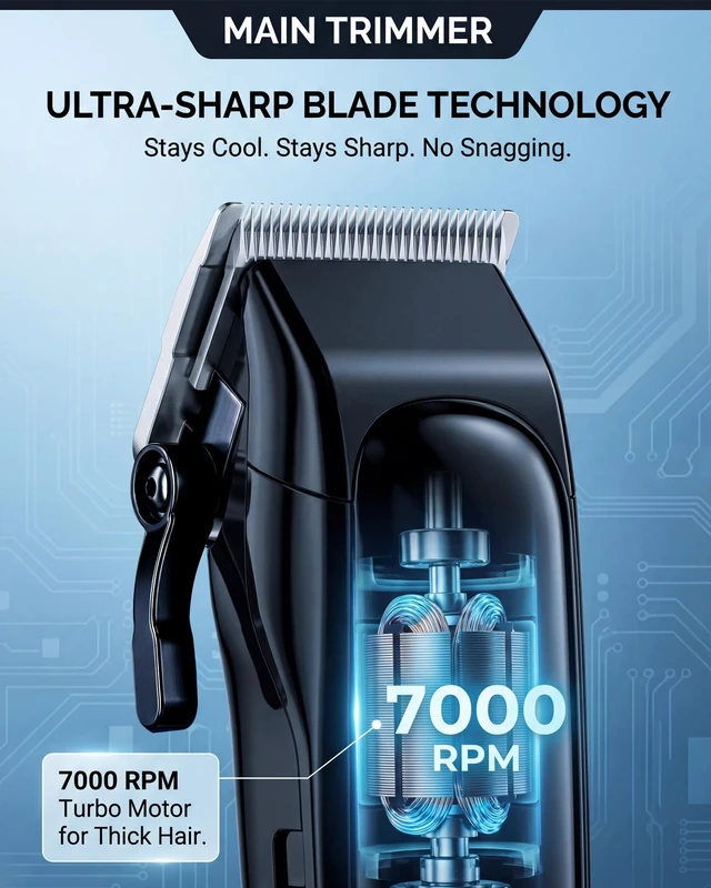 Alt view image 3 of 7 - Professional Hair Clippers for Men & Zero Gapped Detail Trimmer Kit - 7000RPM Cordless Barber Set for Fades, Outlines & Edge-ups - Ceramic Blade, Invisible LED, Phone-Friendly Cape & Hard Travel Case