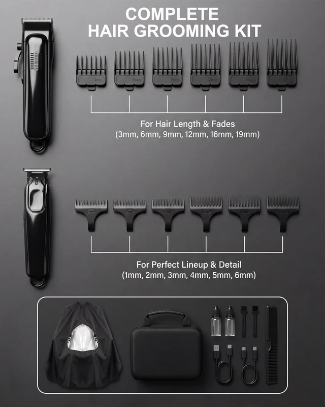 Alt view image 2 of 7 - Professional Hair Clippers for Men & Zero Gapped Detail Trimmer Kit - 7000RPM Cordless Barber Set for Fades, Outlines & Edge-ups - Ceramic Blade, Invisible LED, Phone-Friendly Cape & Hard Travel Case