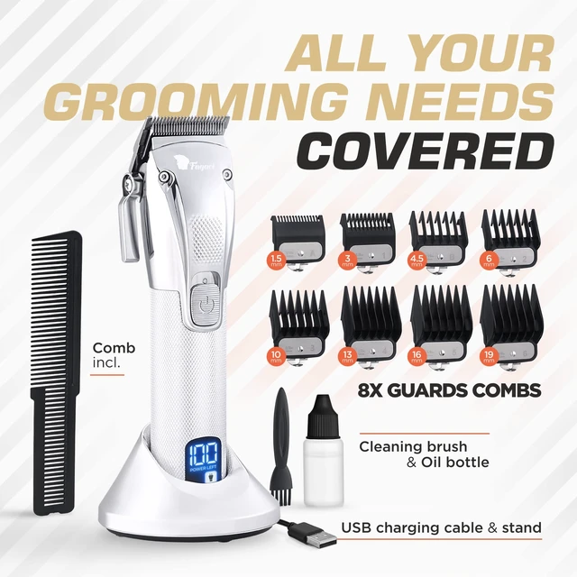 Alt view image 7 of 7 - Fagaci Professional Hair Clippers for Men, Turbo Power Cordless Barber Set | Turbo-power cordless clippers with a 5-hour runtime and LCD charging dock. Precise-cutting blades for clean fades