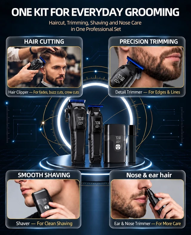 Alt view image 3 of 7 - KIKIDO Cordless Hair Clippers for Men Professional 4-in-1 Hair Cutting Kit | 7000RPM Motor 2000mAh Rechargeable Battery Electric Foil Shaver& Nose Trimmer Set for Hair,Beard,Face,Nose,Ear