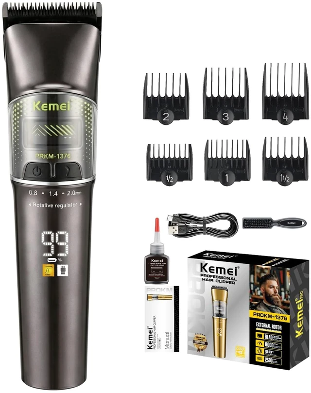 Main image of KEMEI 1376 Salon Brushless Hair Clippers Trimmer Kit, 8000 RPM | Dark Gray Outer Rotor Brushless Turbo Motor, Intelligent Adaptive Speed Adjusts for Thick Hair, Ceramic Blades