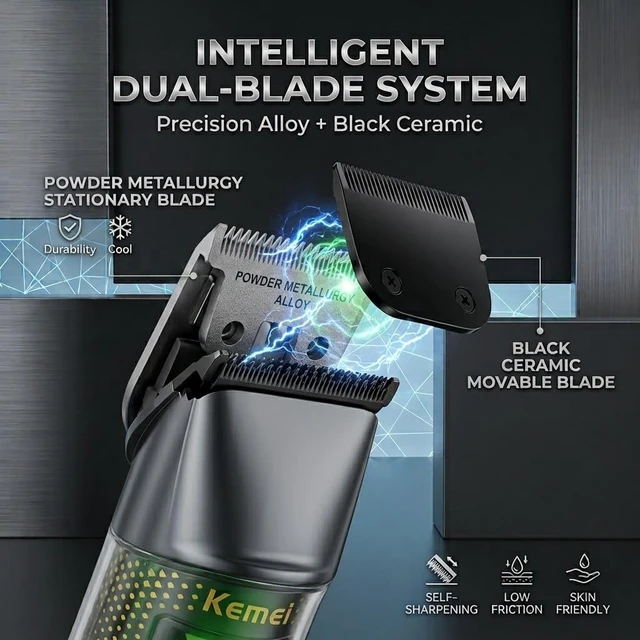 Alt view image 4 of 6 - KEMEI 1376 Salon Brushless Hair Clippers Trimmer Kit, 8000 RPM | Dark Gray Outer Rotor Brushless Turbo Motor, Intelligent Adaptive Speed Adjusts for Thick Hair, Ceramic Blades