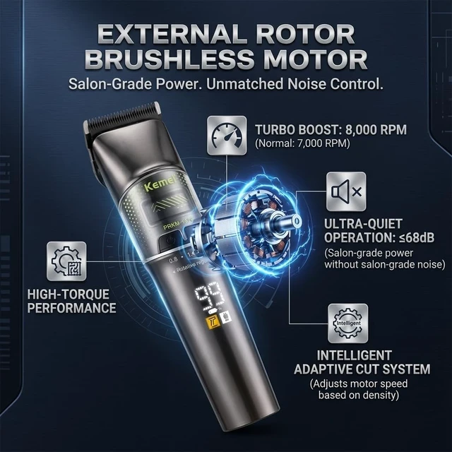 Alt view image 3 of 6 - KEMEI 1376 Salon Brushless Hair Clippers Trimmer Kit, 8000 RPM | Dark Gray Outer Rotor Brushless Turbo Motor, Intelligent Adaptive Speed Adjusts for Thick Hair, Ceramic Blades