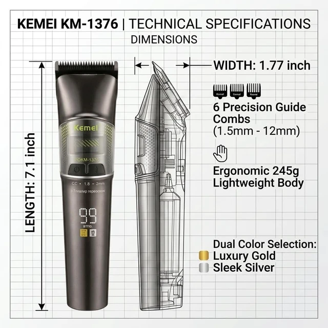 Alt view image 6 of 6 - KEMEI 1376 Salon Brushless Hair Clippers Trimmer Kit, 8000 RPM | Dark Gray Outer Rotor Brushless Turbo Motor, Intelligent Adaptive Speed Adjusts for Thick Hair, Ceramic Blades