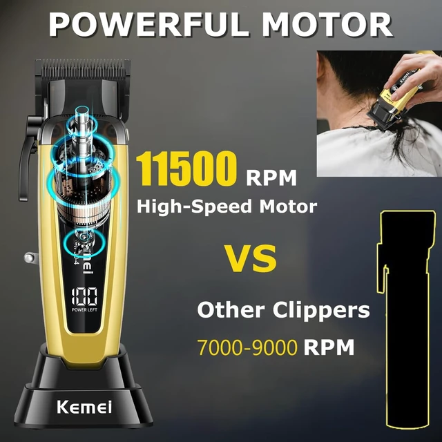 Alt view image 2 of 7 - KEMEI 90-4 Professional Hair Clippers for Men 11500 RPM Barber Clippers | Cordless Hair Trimmer with DLC Blade & Charging Base 2000 mAh Hair Clipper for Barbers Haircut Kit Removable Head Cover Gold