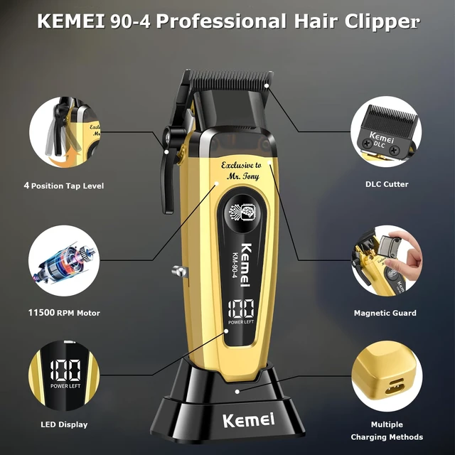 Alt view image 4 of 7 - KEMEI 90-4 Professional Hair Clippers for Men 11500 RPM Barber Clippers | Cordless Hair Trimmer with DLC Blade & Charging Base 2000 mAh Hair Clipper for Barbers Haircut Kit Removable Head Cover Gold