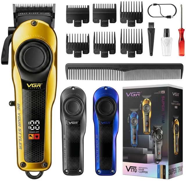 Main image of VGR 170 Professional Cordless Hair Clippers for Men with Titanium Blades | 2000mAh Battery, 200min Runtime, LED Display, 6 Guide Combs, Oil, Complete Haircut Kit for Barber, Home & Travel