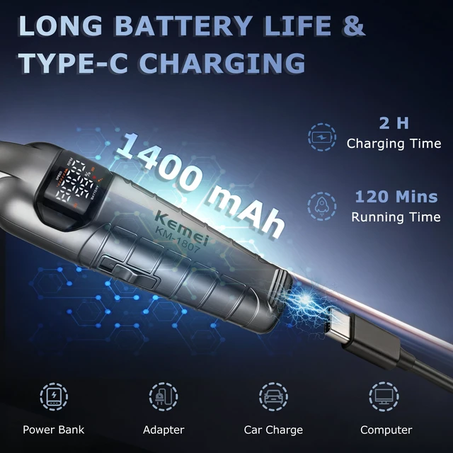 Alt view image 4 of 7 - KEMEI 1807 Hair Trimmer for Men Zero Gap Hair Clippers for Hair Cutting | T Blade beard trimmer with LED Display & 2-Speed Adjustable Motor 1400 mAh