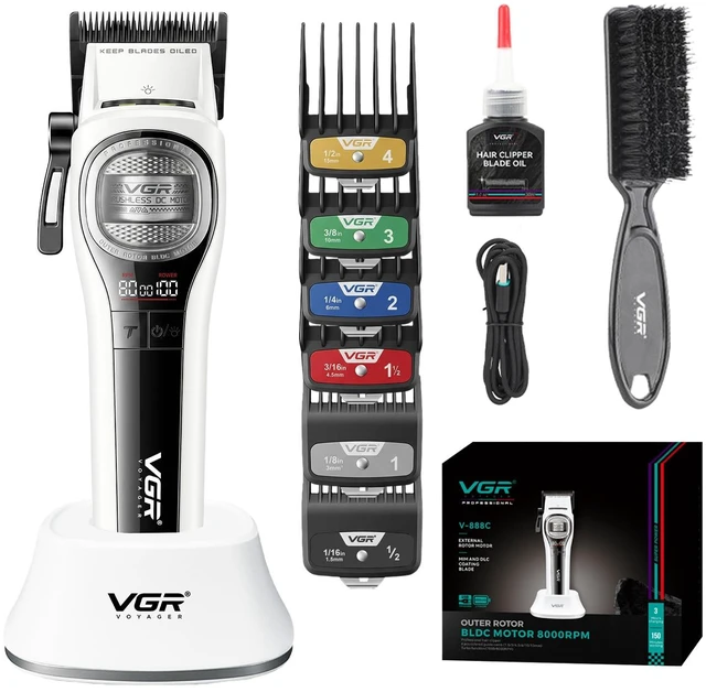 Main image of VGR 888C Professional Hair Clippers for Men with 8000 RPM Motor, White | 2500mAh battery; 150Min runtime; charging base; DLC blade; BLDC motor; low noise; color-coded guides; cleaning brush