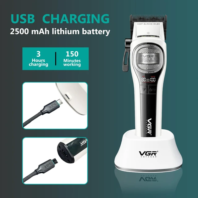 Alt view image 4 of 7 - VGR 888C Professional Hair Clippers for Men with 8000 RPM Motor, White | 2500mAh battery; 150Min runtime; charging base; DLC blade; BLDC motor; low noise; color-coded guides; cleaning brush