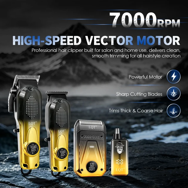 Alt view image 3 of 7 - Hair Clippers for Men with LED Power Display, 4-Piece Professional Grooming Kit with Hair Clipper, Detail Trimmer, Foil Shaver & Nose Trimmer, Complete Cordless Set for Home Barber Use (Black Gold)