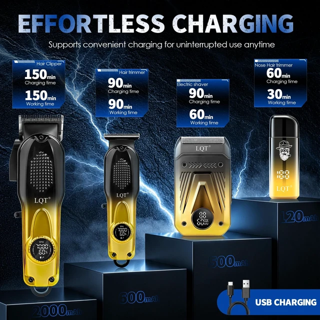 Alt view image 5 of 7 - Hair Clippers for Men with LED Power Display, 4-Piece Professional Grooming Kit with Hair Clipper, Detail Trimmer, Foil Shaver & Nose Trimmer, Complete Cordless Set for Home Barber Use (Black Gold)