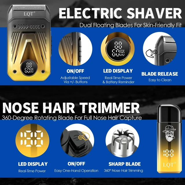 Alt view image 6 of 7 - Hair Clippers for Men with LED Power Display, 4-Piece Professional Grooming Kit with Hair Clipper, Detail Trimmer, Foil Shaver & Nose Trimmer, Complete Cordless Set for Home Barber Use (Black Gold)
