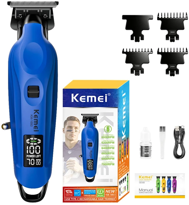 Main image of KEMEI 1693 Professional Zero Gapped T-Blade Trimmer for Men, Blue | T-Blade Razor, LED Display, Hair Outline Grooming Kit, Cuts Thick Hair Smoothly, Ideal for Home Edging or Travel