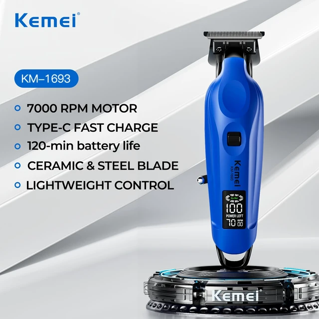 Alt view image 2 of 5 - KEMEI 1693 Professional Zero Gapped T-Blade Trimmer for Men, Blue | T-Blade Razor, LED Display, Hair Outline Grooming Kit, Cuts Thick Hair Smoothly, Ideal for Home Edging or Travel