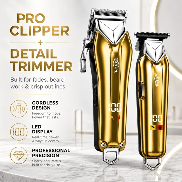 Alt view image 2 of 7 - Cordless Hair Clipper and T-Blade Trimmer Set for Men and Women, Gold | USB rechargeable hair cutting kit for convenient cordless grooming.