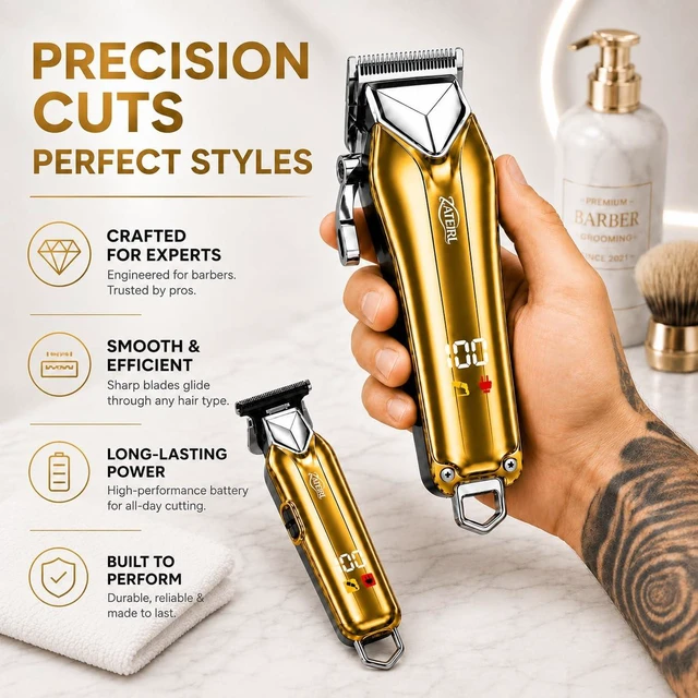 Alt view image 4 of 7 - Cordless Hair Clipper and T-Blade Trimmer Set for Men and Women, Gold | USB rechargeable hair cutting kit for convenient cordless grooming.