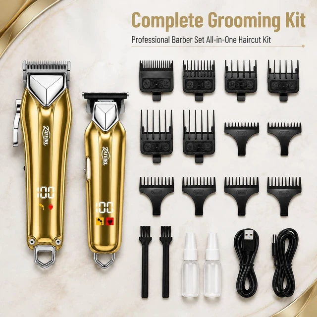 Alt view image 7 of 7 - Cordless Hair Clipper and T-Blade Trimmer Set for Men and Women, Gold | USB rechargeable hair cutting kit for convenient cordless grooming.