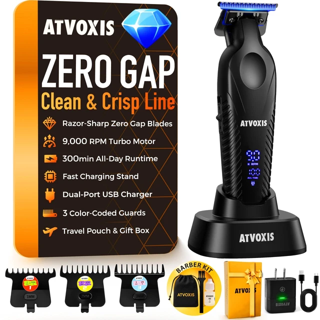 Main image of ATVOXIS Zero Gap 9,000 RPM Brushless Professional T Blade Trimmer for Men: Cordless Hair/Beard Clipper Edger Liner Outliner with LED Display 300min Runtime Fast Charging Stand Travel Pouch