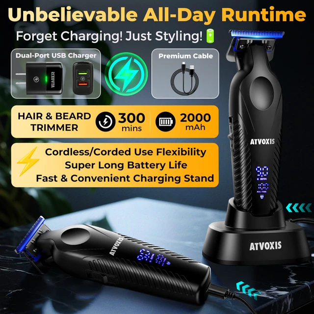 Alt view image 4 of 6 - ATVOXIS Zero Gap 9,000 RPM Brushless Professional T Blade Trimmer for Men: Cordless Hair/Beard Clipper Edger Liner Outliner with LED Display 300min Runtime Fast Charging Stand Travel Pouch
