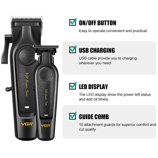 Alt view image 2 of 7 - VGR 197&995 Professional Hair Clippers for Men and Trimmer Set for Fade | 6500/7000 RPM, 2000mAh batteries, 200/300min runtime, Ceramic & Stainless Steel Blades, Titanium Blades, 10 Guide Combs