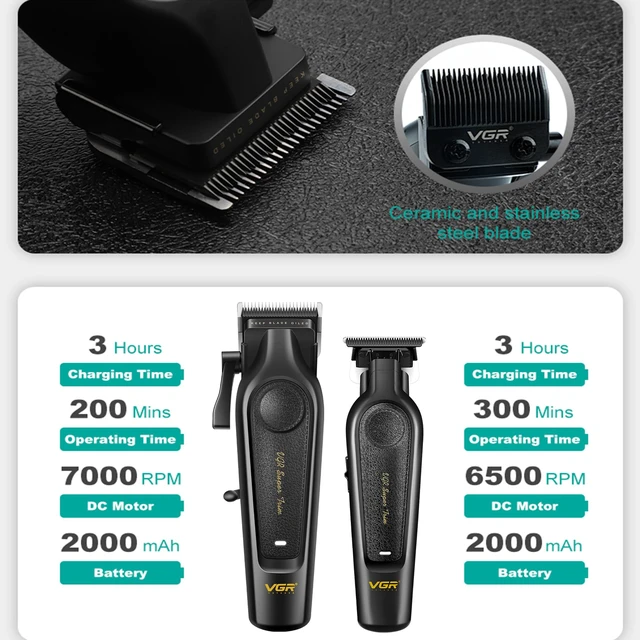 Alt view image 4 of 7 - VGR 197&995 Professional Hair Clippers for Men and Trimmer Set for Fade | 6500/7000 RPM, 2000mAh batteries, 200/300min runtime, Ceramic & Stainless Steel Blades, Titanium Blades, 10 Guide Combs