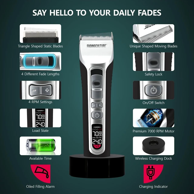 Alt view image 5 of 7 - The Fadify 2.0 Cordless Hair Clippers for Men, 7000RPM Professional Barber Clippers Detachable Inclined Blade, Mens Hair Clippers Fading Culture Hair Trimmer Cutting Kit Rechargeable LCD Men Boy Gift
