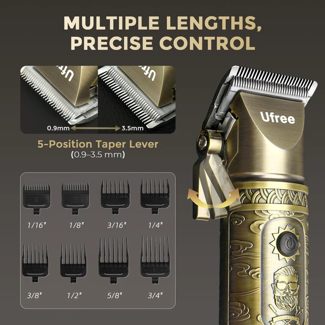 Alt view image 4 of 7 - Ufree Hair Clippers for Men Professional, Cordless Beard Trimmer, Bronze | Zero Gap T-Blade, 6500RPM, 1-22mm Adjustable Comb, Type-C, 180min Runtime, for Beard, Stubble, Nose and Crisp Edges, Men Gift