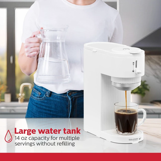 Alt view image 4 of 7 - Holstein Housewares 2-in-1 Single Serve Coffee Maker, Dual Brew, Compatible with K-Cup Pods & Ground Coffee, Reusable Filter Included, Compact Drip Coffee Machine, 14oz Tank, Fits Most Cups - White