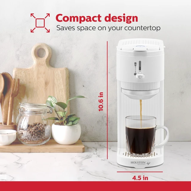 Alt view image 5 of 7 - Holstein Housewares 2-in-1 Single Serve Coffee Maker, Dual Brew, Compatible with K-Cup Pods & Ground Coffee, Reusable Filter Included, Compact Drip Coffee Machine, 14oz Tank, Fits Most Cups - White