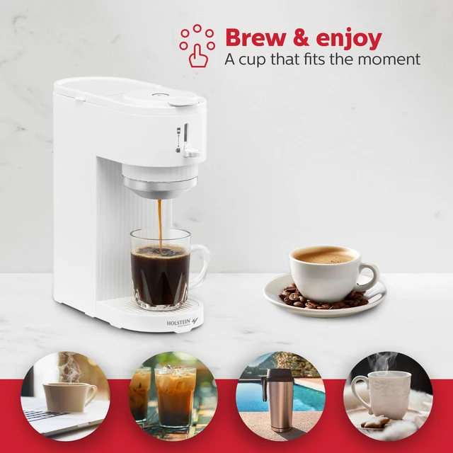 Alt view image 6 of 7 - Holstein Housewares 2-in-1 Single Serve Coffee Maker, Dual Brew, Compatible with K-Cup Pods & Ground Coffee, Reusable Filter Included, Compact Drip Coffee Machine, 14oz Tank, Fits Most Cups - White
