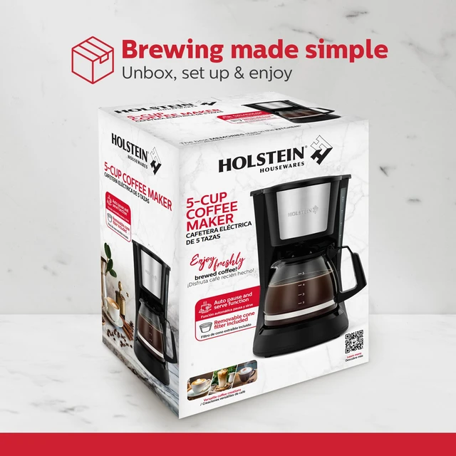 Alt view image 5 of 7 - Holstein Housewares 5 Cup Drip Coffee Maker Compact and User-Friendly with Auto Pause & Serve, Reusable Filter, Measuring Spoon & Glass Carafe, Office & Dorm Use, Black