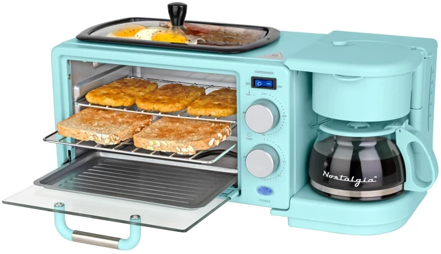 Main image of Nostalgia 3-in-1 Retro Breakfast Station - Includes 5 (4 Oz) Cup Coffee Maker, Non-Stick Ceramic Griddle, and 4-Slice Toaster Oven - Built-In Timer, Reusable Coffee Filter, Space-Saving Design - Aqua