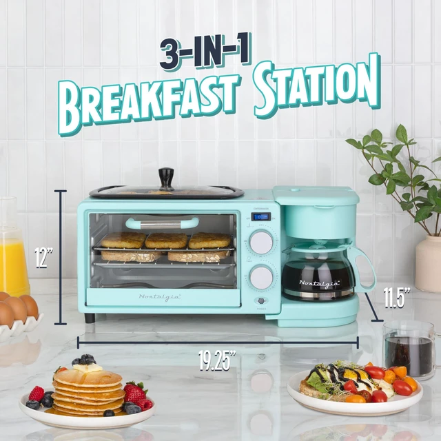 Alt view image 2 of 7 - Nostalgia 3-in-1 Retro Breakfast Station - Includes 5 (4 Oz) Cup Coffee Maker, Non-Stick Ceramic Griddle, and 4-Slice Toaster Oven - Built-In Timer, Reusable Coffee Filter, Space-Saving Design - Aqua