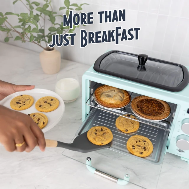 Alt view image 7 of 7 - Nostalgia 3-in-1 Retro Breakfast Station - Includes 5 (4 Oz) Cup Coffee Maker, Non-Stick Ceramic Griddle, and 4-Slice Toaster Oven - Built-In Timer, Reusable Coffee Filter, Space-Saving Design - Aqua