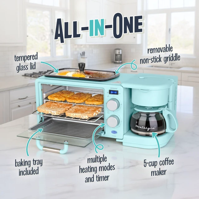 Alt view image 4 of 7 - Nostalgia 3-in-1 Retro Breakfast Station - Includes 5 (4 Oz) Cup Coffee Maker, Non-Stick Ceramic Griddle, and 4-Slice Toaster Oven - Built-In Timer, Reusable Coffee Filter, Space-Saving Design - Aqua