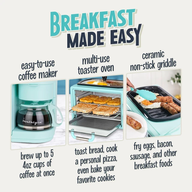 Alt view image 3 of 7 - Nostalgia 3-in-1 Retro Breakfast Station - Includes 5 (4 Oz) Cup Coffee Maker, Non-Stick Ceramic Griddle, and 4-Slice Toaster Oven - Built-In Timer, Reusable Coffee Filter, Space-Saving Design - Aqua