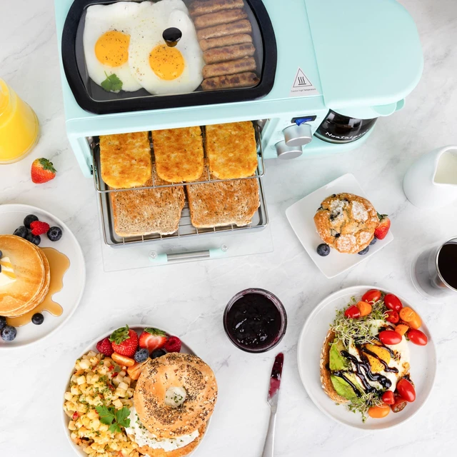 Alt view image 5 of 7 - Nostalgia 3-in-1 Retro Breakfast Station - Includes 5 (4 Oz) Cup Coffee Maker, Non-Stick Ceramic Griddle, and 4-Slice Toaster Oven - Built-In Timer, Reusable Coffee Filter, Space-Saving Design - Aqua