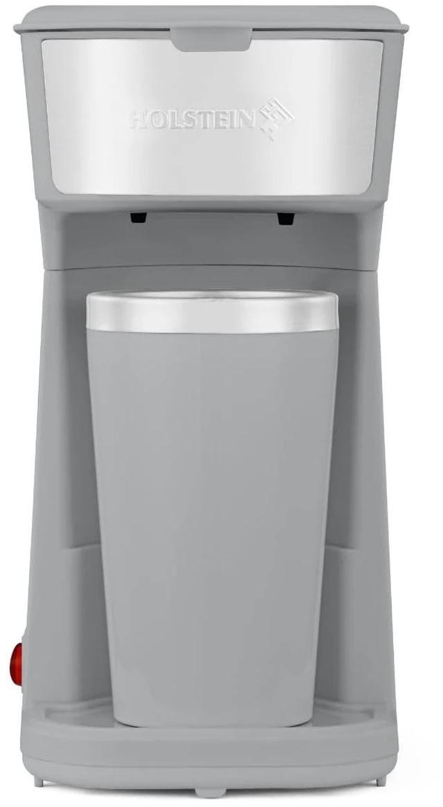 Main image of Holstein Housewares Personal Coffee Maker with 14oz Travel Mug Compact One-Touch Brew Machine with Reusable Filter, Auto Shut-Off, Non-Stick Plate, Ideal for Home, Office, or Dorm. Grey