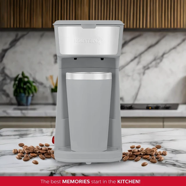 Alt view image 3 of 7 - Holstein Housewares Personal Coffee Maker with 14oz Travel Mug Compact One-Touch Brew Machine with Reusable Filter, Auto Shut-Off, Non-Stick Plate, Ideal for Home, Office, or Dorm. Grey