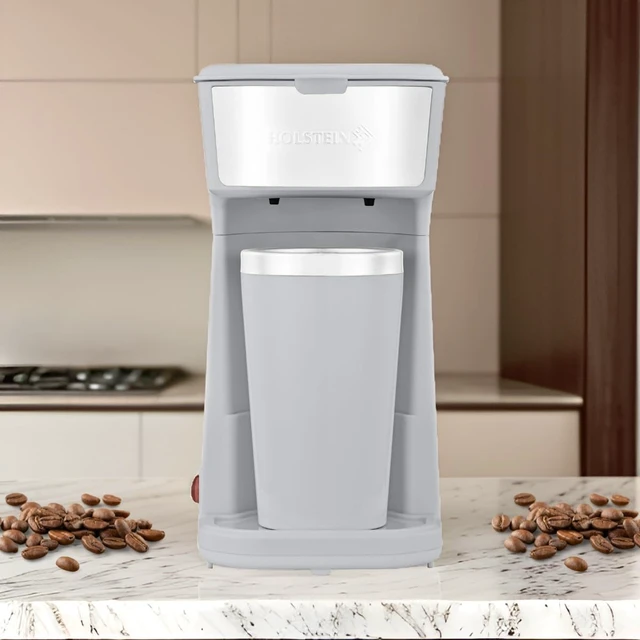 Alt view image 4 of 7 - Holstein Housewares Personal Coffee Maker with 14oz Travel Mug Compact One-Touch Brew Machine with Reusable Filter, Auto Shut-Off, Non-Stick Plate, Ideal for Home, Office, or Dorm. Grey