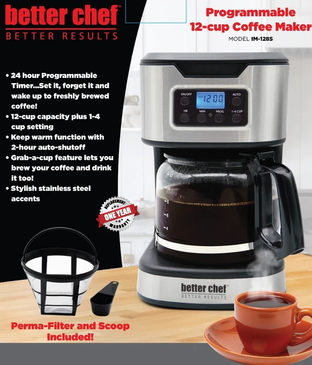 Alt view image 2 of 3 - Better Chef Programmable 12-Cup Coffee Maker | 1-4 Cup Setting | Auto-Pause to Serve | 2hr Keep Warm | Perma-Filter | Stainless (Stainless)