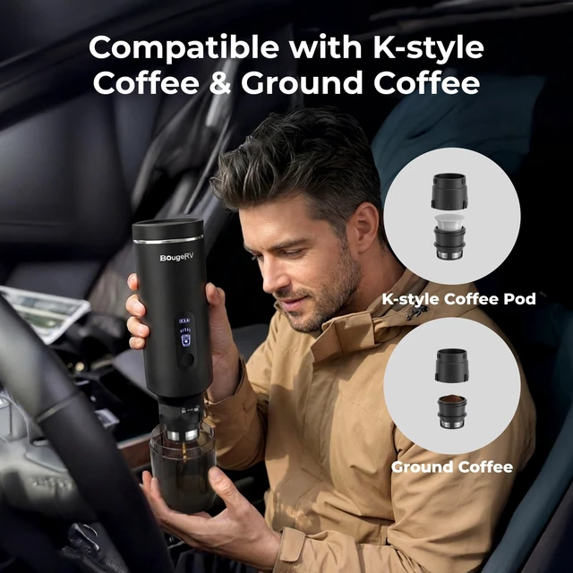 Alt view image 2 of 7 - BougeRV Portable Coffee Maker Compatible with K Cup Pods & Ground Coffee | Electric Car Coffee Machine Self-Heating with LCD Display USB-C for Travel, Bussiness Trips, Hotel, Camping, Office, Outdoors