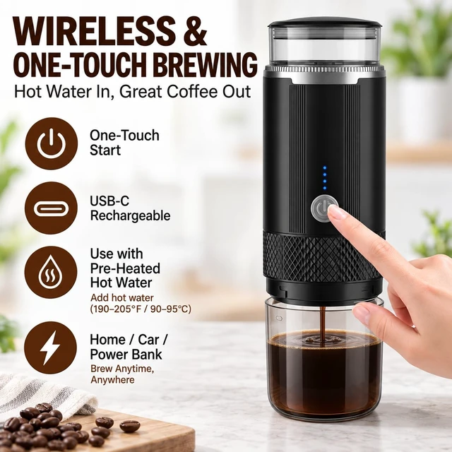 Alt view image 4 of 7 - Portable Coffee Maker, Cordless Battery K-Cup Brewer for Camping, 6oz Cup | usbc rechargeable serve brewer, fits car backpack for outdoor, works for ground coffee tea pods compact lightweight 1.19lb