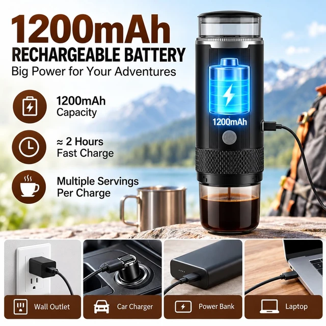 Alt view image 5 of 7 - Portable Coffee Maker, Cordless Battery K-Cup Brewer for Camping, 6oz Cup | usbc rechargeable serve brewer, fits car backpack for outdoor, works for ground coffee tea pods compact lightweight 1.19lb