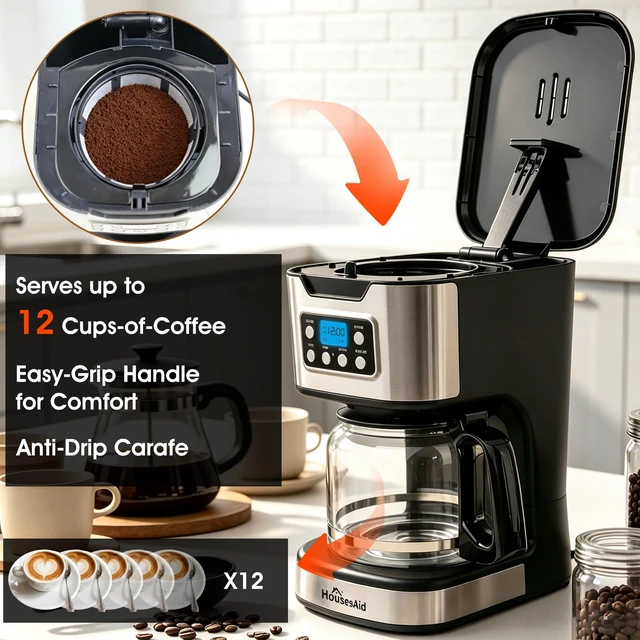 Alt view image 3 of 7 - HousesAid Programmable Coffee Maker 12 Cup Brew & Drip coffee machine, Fully Automatic, 1,4 Cup Setting, Stainless Steel,Keep- Warm Function, Household, Home and Office,Black