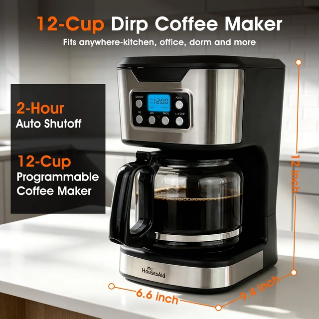 Alt view image 2 of 7 - HousesAid Programmable Coffee Maker 12 Cup Brew & Drip coffee machine, Fully Automatic, 1,4 Cup Setting, Stainless Steel,Keep- Warm Function, Household, Home and Office,Black