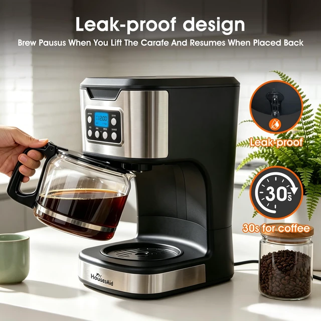 Alt view image 4 of 7 - HousesAid Programmable Coffee Maker 12 Cup Brew & Drip coffee machine, Fully Automatic, 1,4 Cup Setting, Stainless Steel,Keep- Warm Function, Household, Home and Office,Black